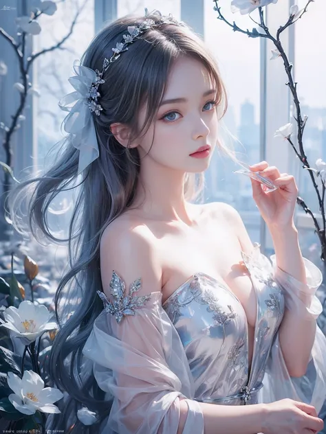 (((masterpiece))), highest quality, figure, 4k wallpaper, Cinematic Light, Absurd, One girl,(snow,ice), Snow Flower, In winter, Gray Hair, Shiny Hair, Wavy Hair,(Transparent clothes 1.2), Frills, race,( Wet clothes 1.5), off_shoulder, Hair Scrunchie,master...