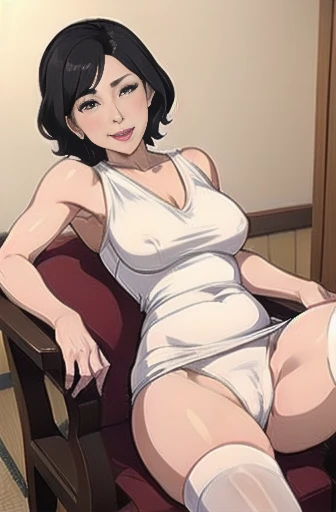 Japanese,Black Hair,(slender),50yo,mature sexy woman wearing a white dress sitting on a chair, Short dress,Tight dress,upskirt,White panties,(cameltoe),Dim lighting, sexy, hot,Blushed cheeks,blush, Lusty mature woman,Small breasts,erect nipples,(Cum betwee...