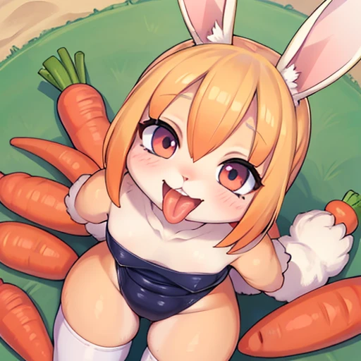 pon pon shit , from above , Hairy rabbit mom , round face , (tilt face:1.1) , (half-open wink:1.2) , moist round eyes , (overbite:1.2) , Swollen cheeks , blond hair , Maternal smile , glossy lips , (open mouth wide) , (show off uvula:1.2),  (Rub a carrot o...