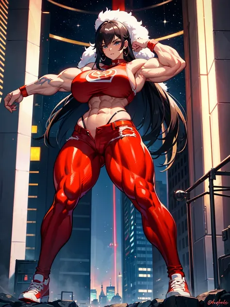  1 giant girl, hyper muscle bodybuilder,with exaggerated muscles, big large breast, red jeans short, big tattoo, muscle abs, very muscular, thick legs, strong, flexing, standing city night