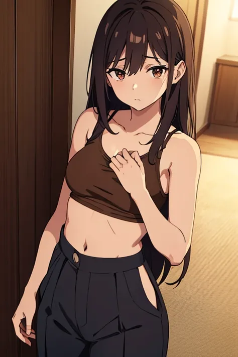 (masterpiece, high quality) brown skin anime girl in a lowcut cami top, (trousers), famished in hunger, (gently resting hands on stomach), (long hair), (hands on her stomach)