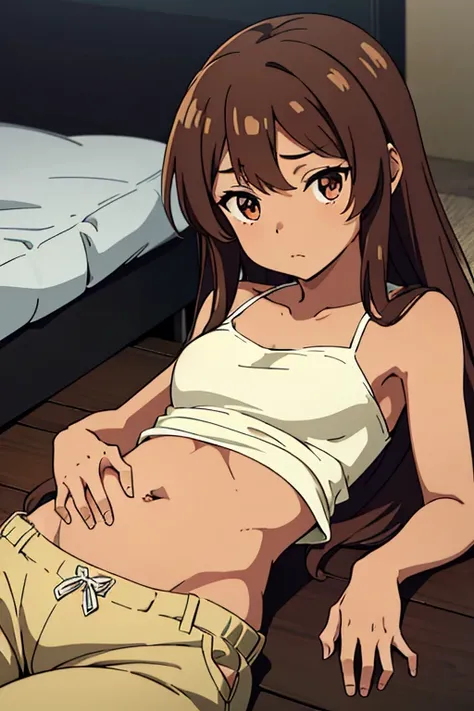 (masterpiece, high quality) brown skin anime girl in a lowcut cami top, (trousers), famished in hunger, (gently resting hands on stomach), (long hair), (hands on her stomach)