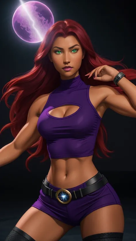 Photorealistic, Ultra realistic, 16k, high quality, cinematic lights, dream atmosphere, dream aesthetic, 1girl, red-scarlet hair, StarfireDC, glowing green eyes, long flowing hair(red), tanned skin illuminated, realistic textured skin, realistic shading, g...