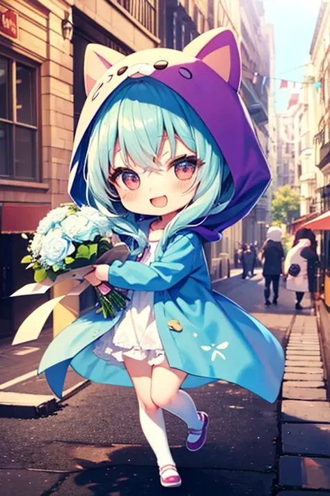 (Chibi: 1.3), happy, (holding a bouquet), full body, Kigurumi,