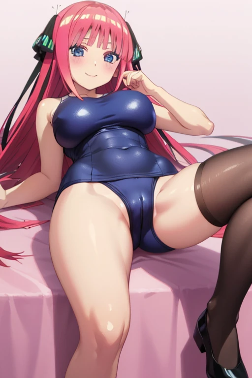 best quality, ultra-detailed masterpiece, anime art style, cute character, nino nakano, large breasts, blush, smile, one-piece swimsuit, pantyhose, pussy focus, open legs