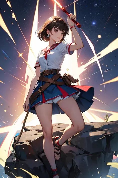 Josie is a slight young woman with short, dark brown hair and and brown eyes.  outfit in which her top is light blue, and her skirt is now red and white. The shorts underneath her skirt and the rope belt around the skirt are now dark blue and her warrior s...