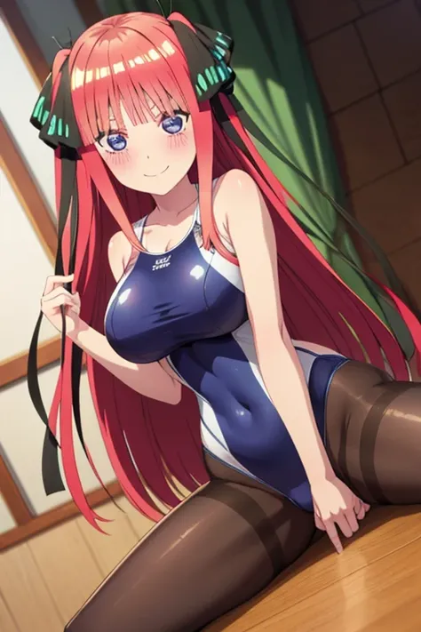 best quality, ultra-detailed masterpiece, anime art style, cute character, nino nakano, large breasts, blush, smile, one-piece swimsuit, pantyhose, pussy focus, open legs