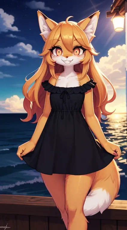 fox girl, ((((furry))), furry, golden fur, long blonde hair, golden fur all over, golden fur on the hands, forelimb hands, golde...