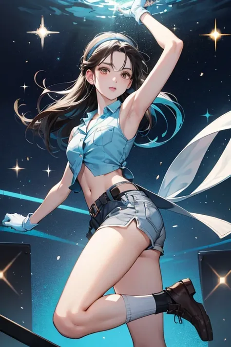 She has shoulder-length black hair and brown eyes. Jun wears a pale blue sleeveless, buttoned midriff-baring top with two pockets, short pale blue shorts with a black belt around her waist, pale blue knee-high socks and brown shoes. She also wears a pale b...