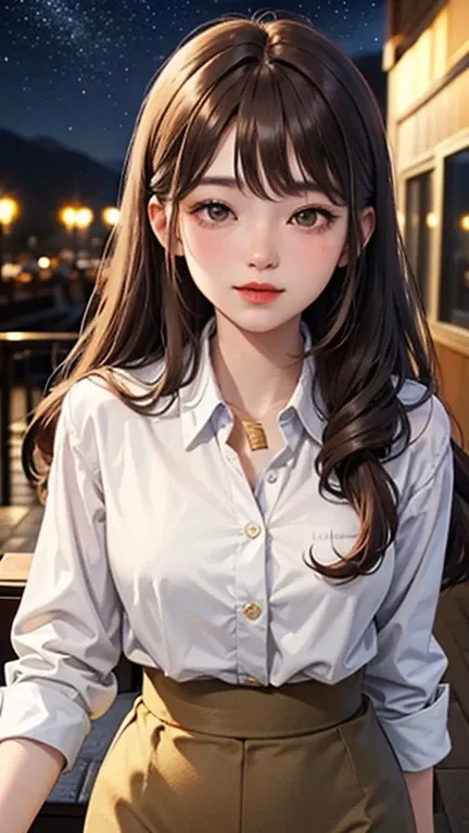 Blushing lightly and smiling, (Top quality masterpiece:1.2) Delicate illustrations, Very detailed, /Beautiful Japanese Woman、1 person,Very cute and slim、Excellent style 、((8K images、super high quality))、Very delicate face, Beautiful forehead、Red lipstick,(...