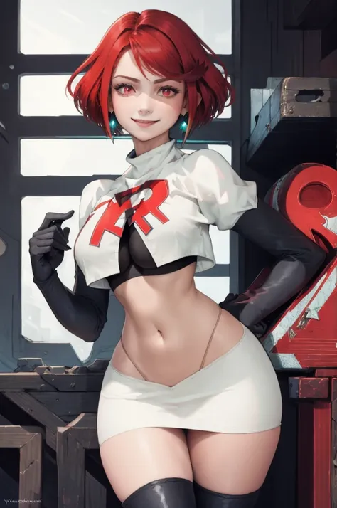 pyradef, earrings, red eyes, red hair, short hair, 
team rocket, team rocket uniform, red letter r, white skirt,white crop top,b...