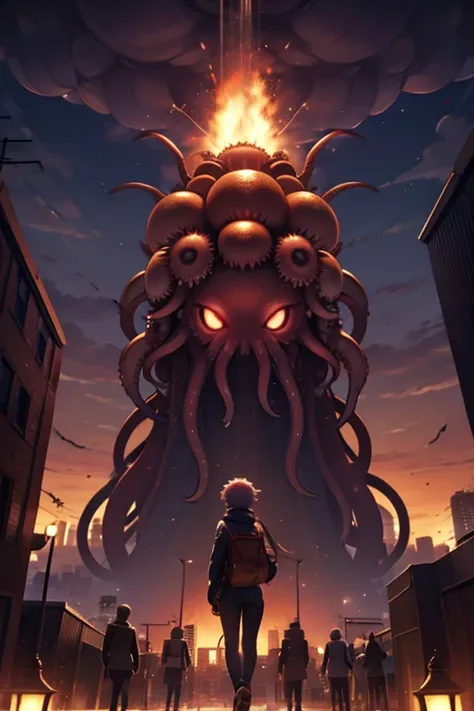 a spider with octopus tentacles and an eye just atop a tentacle on its giant head is attacking the city where the teenage warrio...