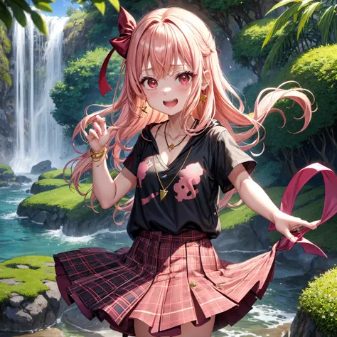 Pink gold golden hair、Red eyes、One good looking girl、solo、anime、Checkered mini skirt、The skirt has buttons、Black camisole、Black T-shirt、hoodie、Wearing a ribbon、Ribbon on waist、Crystal Earrings、Gemstone Necklace、Light and shadow、Tilting face、Teeth are visib...