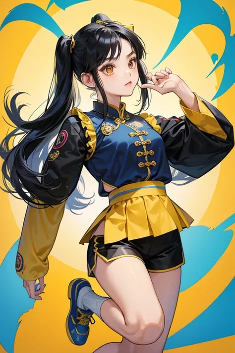 Xiaoyu is a Chinese  with soft facial features. She wears her black hair in high pigtails with side-parted bangs. outfit also features an oriental motif, consisting of matching traditional blue long-sleeved blouse with yellow embroidery and loose yellow cu...