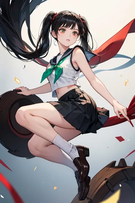 Xiaoyu is a Chinese  with soft facial features. She wears her black hair in high pigtails with side-parted bangs. is her Mishima High . It consists of a short-sleeved white blouse attached with a sailor-style collar with one green stripe on each side, a bl...