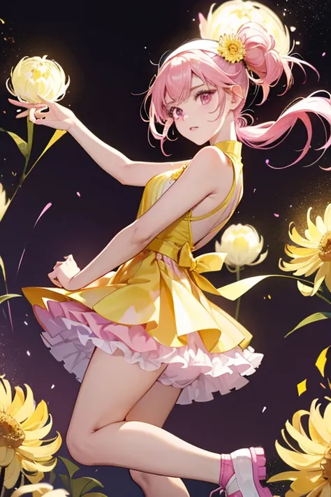 Xiaoyu is a Chinese. outfit is an A-line, pink, sleeveless dress with yellow and white chrysanthemums on one side, purple bloomers with white linings underneath her dress, matching pink hairbands and thick bracelets with a yellow glow. She also wears pink ...