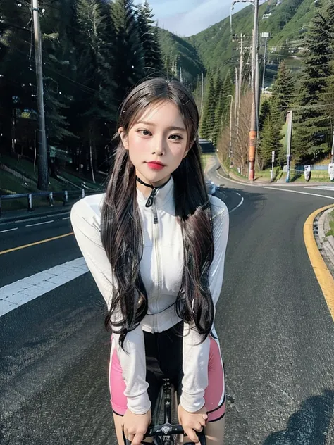 (((masterpiece))), (((best quality))), (((Ride a road bike))), downhill, steep slope, eye mask, earphone, Cycling shorts, wind, Speed line effect, alone, 1 girl, ribbon, long hair, Split, big , Shy. blush,