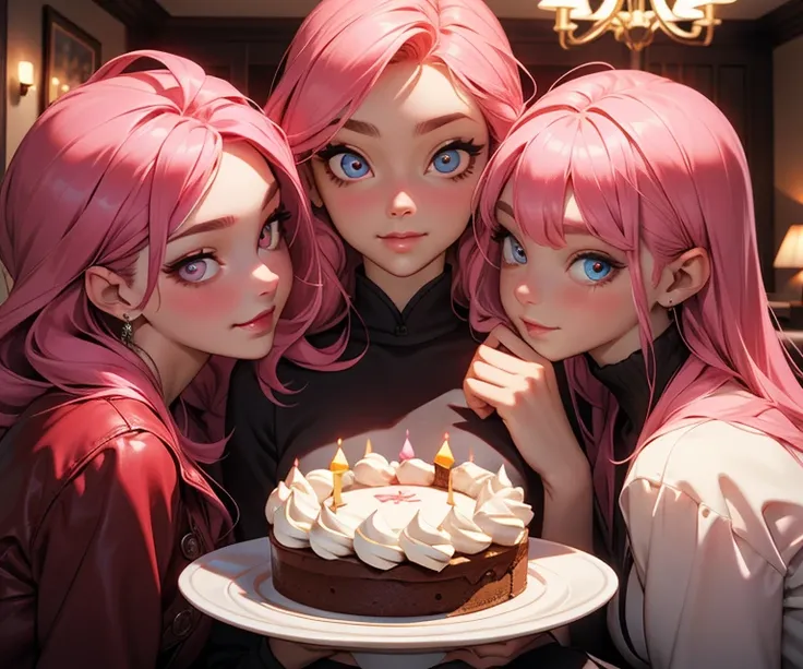 four people in the birthday room with presents and cake, with detailed and beautiful faces,  非常にwith detailed and beautiful face...