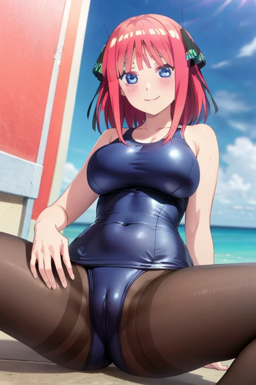 best quality, ultra-detailed masterpiece, anime art style, cute character, nino nakano, large breasts, blush, smile, one-piece swimsuit, pantyhose, pussy focus, open legs