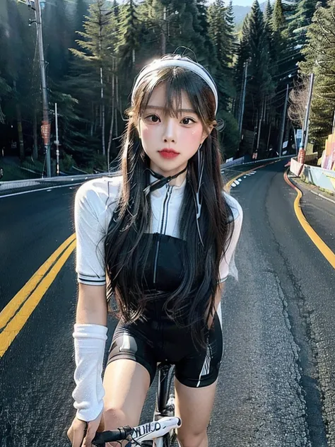 (((masterpiece))), (((best quality))), (((Ride a road bike))), downhill, steep slope, eye mask, earphone, Cycling shorts, wind, Speed line effect, alone, 1 girl, ribbon, long hair, Split, big , Shy. blush,