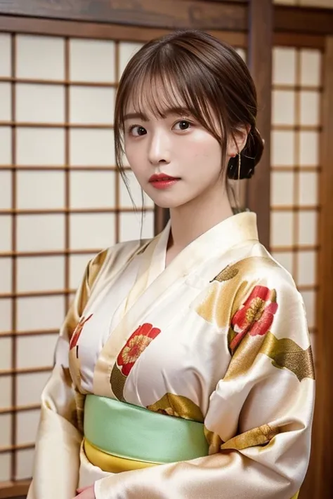 (highest quality, 4K, 8k, High resolution, Tabletop:1.2), Brown Hair、Short braided hair。Her breasts are beautiful and large。Write the opening sentence in Japanese。in kimono。