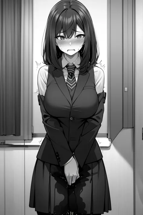 a woman with long black hair, wearing a business outfit consisting of a suit, pencil skirt, and pantyhose, stands in a monochrom...