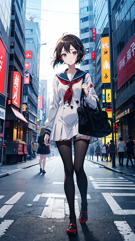 Anime Girls with headphones walking down the street in a , Beautiful mature high school girl, Beautiful girl anime visuals, Kantai Collection Style,Manga illustration, Anime Girls, Illustrated , In the style of Makoto Shinkai, Hand-drawn anime illustration...