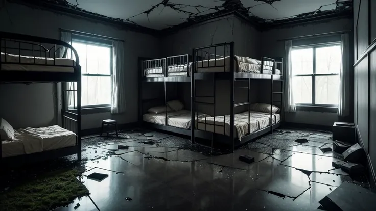 Visualize a creepy scenery inside a creepy bedroom (Dark, black, grey, humid, moss, broken floor, glass flakes, 8 bunk beds, cracked wall, broken windows, cracked glass)