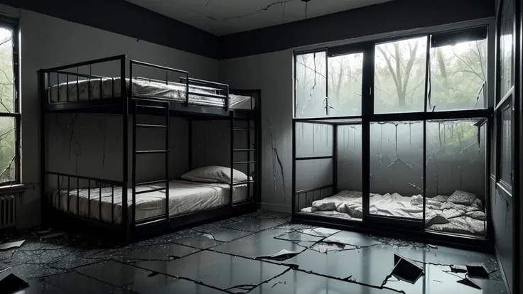 Visualize a creepy scenery inside a creepy bedroom (Dark, black, grey, humid, moss, broken floor, glass flakes, 8 bunk beds, cracked wall, broken windows, cracked glass)