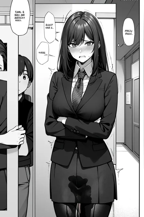 A woman with long black hair, wearing a business outfit consisting of a suit, pencil skirt, and pantyhose, stands in a monochrome setting. The artwork is inspired by manga and incorporates a doujin style. The woman appears to be (wetting herself:1.5), whic...