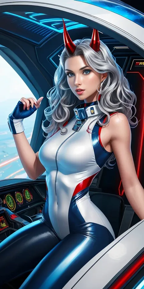 woman in her 20s (perfect face), defined jawline, beautiful lips (beautiful bright blue eyes) (long wavy bouncy silver hair) (RED skin:1.3) (perfect anatomy) (athletic body) (sexy) (perfect hands) (oni horns) (white futuristic sleeveless body suit, RED acc...