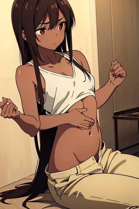 ((best quality)), ((masterpiece)), (detailed), perfect face, brown skin anime girl in a V Neck Halter Spaghetti Strap Backless Cami Top, (trousers), famished in hunger, (gently resting hands on stomach), (long hair), (hands on her stomach)