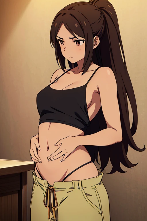 ((best quality)), ((masterpiece)), (detailed), perfect face, brown skin anime girl in a V Neck Halter Spaghetti Strap Backless Cami Top, (trousers), famished in hunger, (gently resting hands on stomach), (long hair), (hands on her stomach)