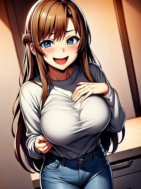 woman portrait 、here we go、asuna、jeans、eproン、シロ色shirt、ｔshirt、sweater　clothes,kitchen,cinema lighting, huge breasts, grin、with a ...