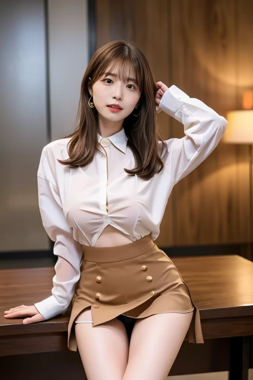 (highest quality, 4K, 8k, High resolution, Tabletop:1.2), Brown Hair、Beaver、Her breasts are beautiful and large。study。Place your elbows on the desk and rest your body on it。Her legs are open and her panties are visible under her skirt.。Long legs and great ...