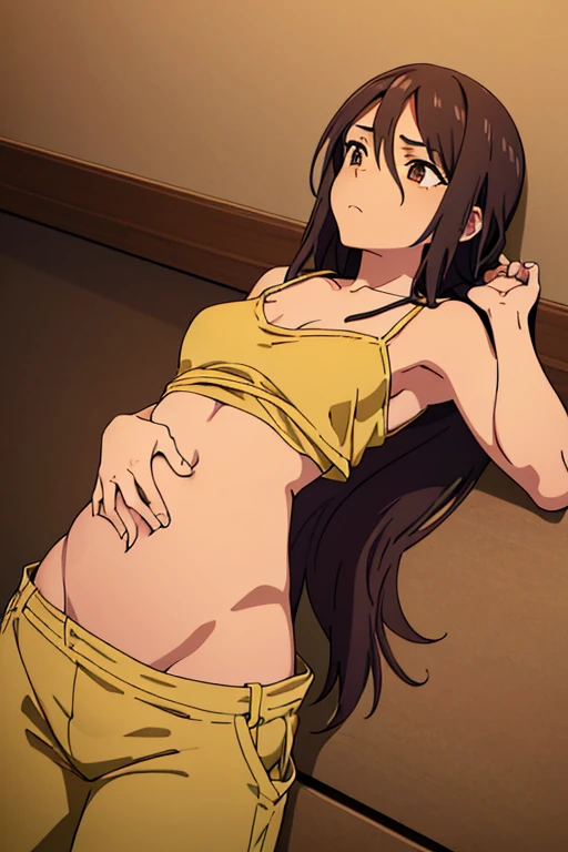 ((best quality)), ((masterpiece)), (detailed), perfect face, brown skin anime girl in a deep V Neck Halter Spaghetti Strap Backless Cami Top, (trousers), famished in hunger, (gently resting hands on stomach), (long hair), (hands on her stomach)