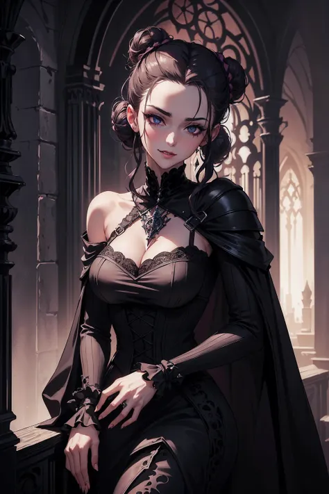 (masterpiece, top quality, best quality, official art, beautiful and aesthetic: 1.2), (1 woman: 1.3), 40 years old, long curly dark brown hair, ((fancy bun)), Victorian style, Victorian classic, extremely detailed, portrait, looking at the viewer, solo, (f...