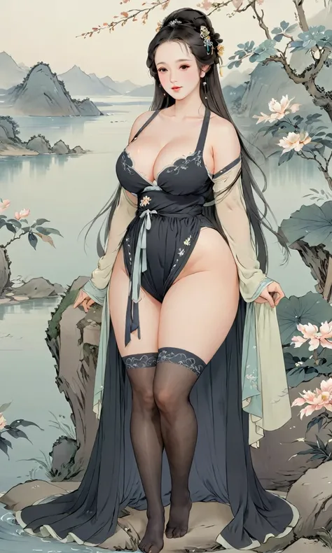 8k, masterpiece, best quality, two-dimensional, (Chinese traditional ink painting:0.2), 1 30-years-old woman, long hair, (perfect hands:1.4), Wearing seethrough thin hanfu, black pantyhose, The black pantyhose on the legs are exposed, (gigantic breasts:2.2...