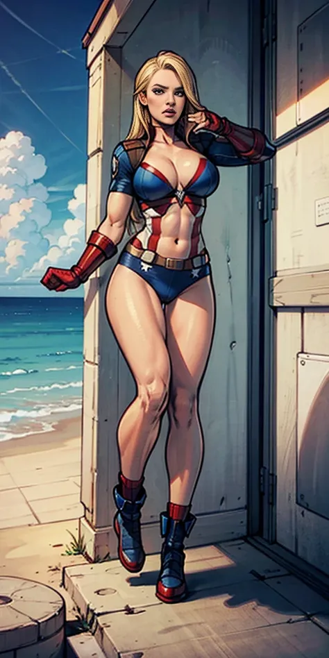 full body woman dressed in a bikini with the uniform of Captain America, blonde, blue eyes, view from below, far shot