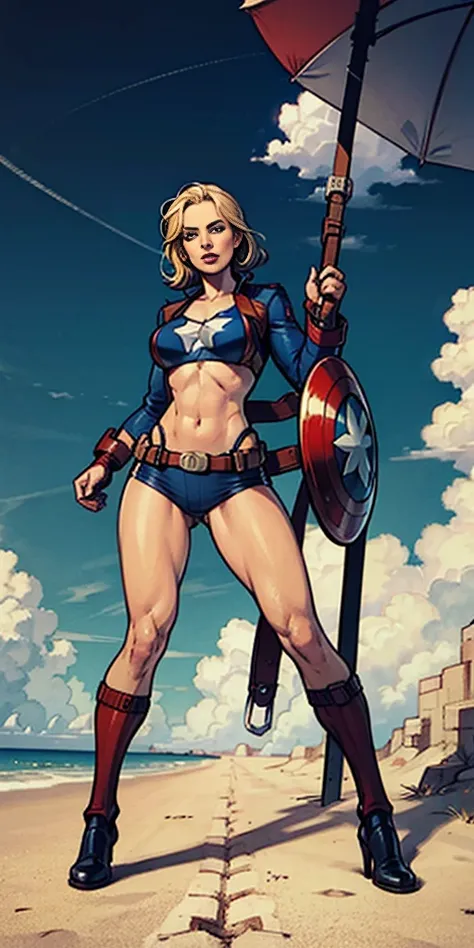 full body woman dressed in a bikini with the uniform of Captain America, blonde, blue eyes, view from below, far shot