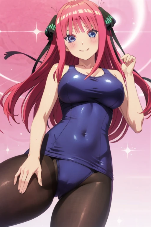 best quality, ultra-detailed masterpiece, anime art style, cute character, nino nakano, large breasts, blush, smile, one-piece swimsuit, pantyhose, open legs