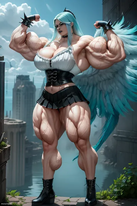 (((((Massive tall, beautiful, buff, pale white skinned muscular woman with cyan hair, black lipstick, giant feathered wings, ginormous bulky muscles and wearing a black gothic blouse with a black pleated skirt))))), ((close view)), (massive muscles), hyper...