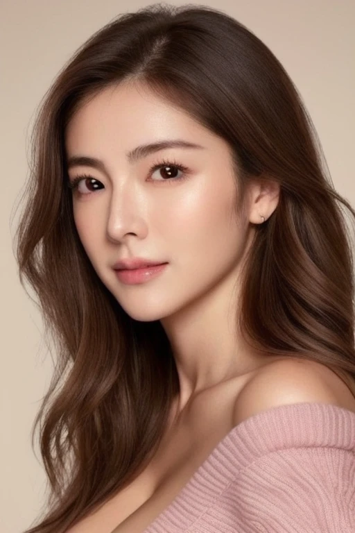 Ultra-high resolution, masterpiece, highest quality, perfect glowing skin, Ecstatic expression、blush、Perfect lighting, Detailed lighting, Muscular Japanese middle-aged woman、, Beige lightweight knit, Looking at the camera, Off the shoulder, Brown wavy hair...