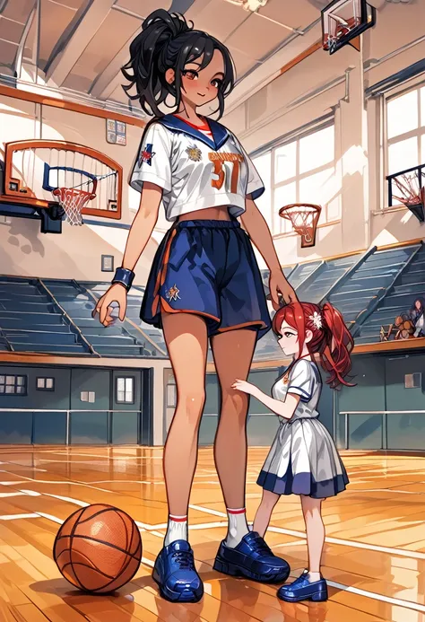 (2girls: 1.7), (height difference: 1.6), (size difference: 1.1), school basketball court, (giantess towering over a miniature girl: 1.3), (a miniature girl in front of a giantess girl: 1.3), crowds, playing basketball