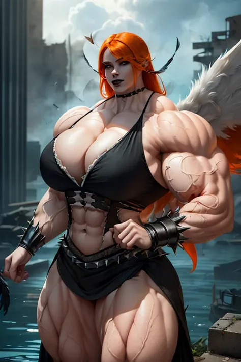 (((((Massive tall, beautiful, buff, pale white skinned muscular woman with orange hair, black lipstick, giant feathered wings, ginormous bulky muscles and wearing a black gothic blouse with a black pleated skirt))))), ((close view)), (massive muscles), hyp...