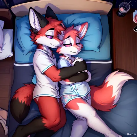 Anthropomorphic male crimson fox, with purple eyes, pink nose, black horns, black sholders, white hands, sleeping on bed, seen from above, wearing a light blue pijama and a pacifier, side view, digital art, duo, fullbody view, at night, hugging a plushie.