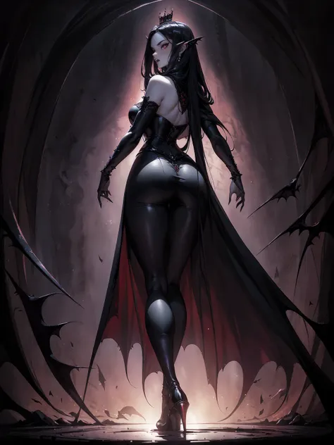 absurdres, ((stunning female Vampire))), goth Renaissance, (long black hair:1.erfect and detailed angular sharp oval shaped face, ((redeyes)), jewelry, red and black tetradic colors, full lips, gothic castle background, (solo), perfect anatomy, approaching...