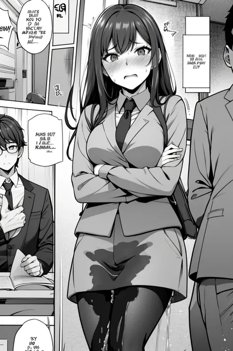 A woman with long black hair, wearing a business outfit consisting of a suit, pencil skirt:, and pantyhose, stands in a monochrome setting. The artwork is inspired by manga and incorporates a doujin style. The woman appears to be (wetting herself:1.5), whi...