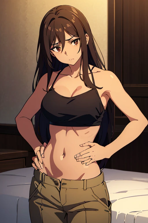 ((best quality)), ((masterpiece)), (detailed), perfect face, brown skin anime girl in a V Neck Halter Spaghetti Strap Backless Cami Top, (trousers), famished in hunger, (gently resting hands on stomach), (long hair), (hands on her stomach)