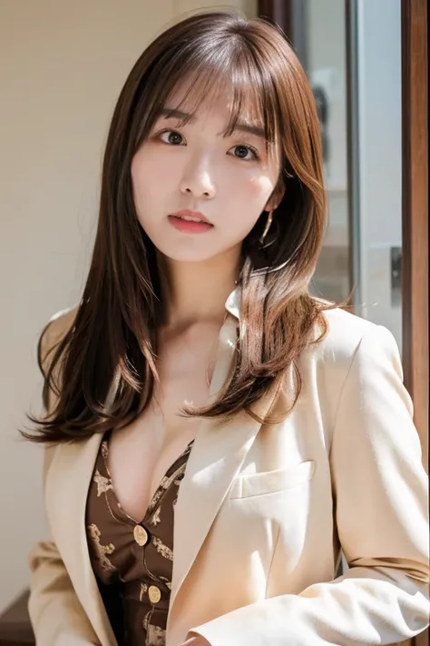 (highest quality, 4K, 8k, High resolution, Tabletop:1.2), Brown Hair、Beaver、Her breasts are beautiful and large。study。Press your chest against the desk。Clothes: A suit with a loose neck。Open some buttons。